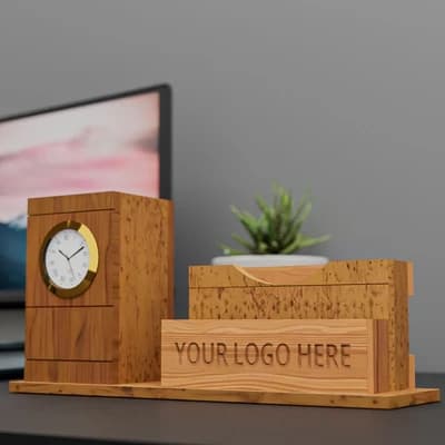 Wooden Phone & Card Holder with Pen Stand & Clock